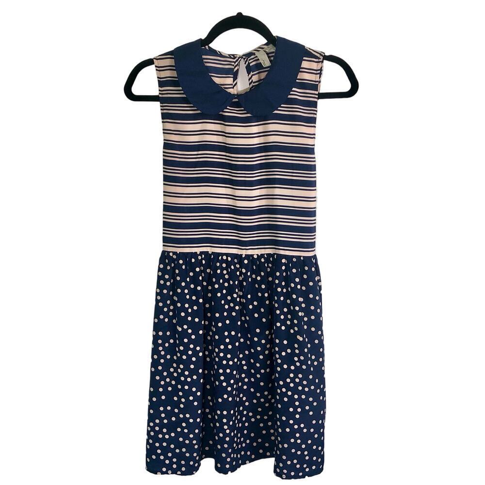 Forever 21 Navy Blue & Cream Polka Dot Stripe Sleeveless Girl's Dress - Medium